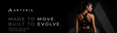 A woman shown from the back wearing a black sports bra and leggings, standing against a dark studio background with large geometric shapes. The left side includes the Artemis Fit logo, tagline text, and a 'Shop Now' button.